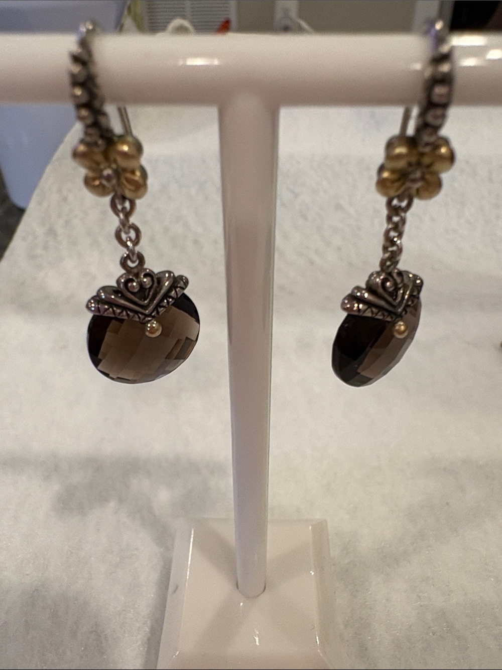 Smoky Quartz Faceted Drop Earrings Sterling and 18k gold